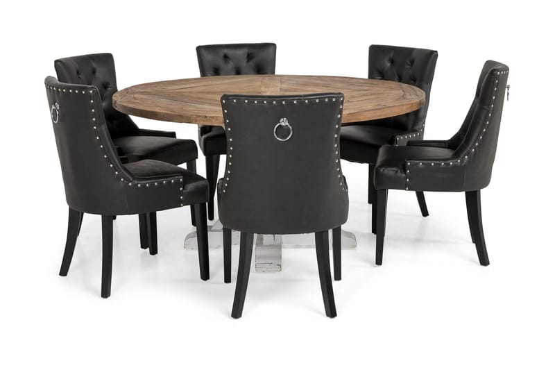 Lyon Matgrupp 150 cm Rund med 6 Tuva Fåtölj - Vintage Alm/Vit/Svart PU - Möbler - Matplats - Matgrupp & matbord med stolar