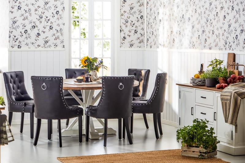 Lyon Matgrupp 150 cm Rund med 6 Tuva Fåtölj - Vintage Alm/Vit/Svart PU - Möbler - Matplats - Matgrupp & matbord med stolar