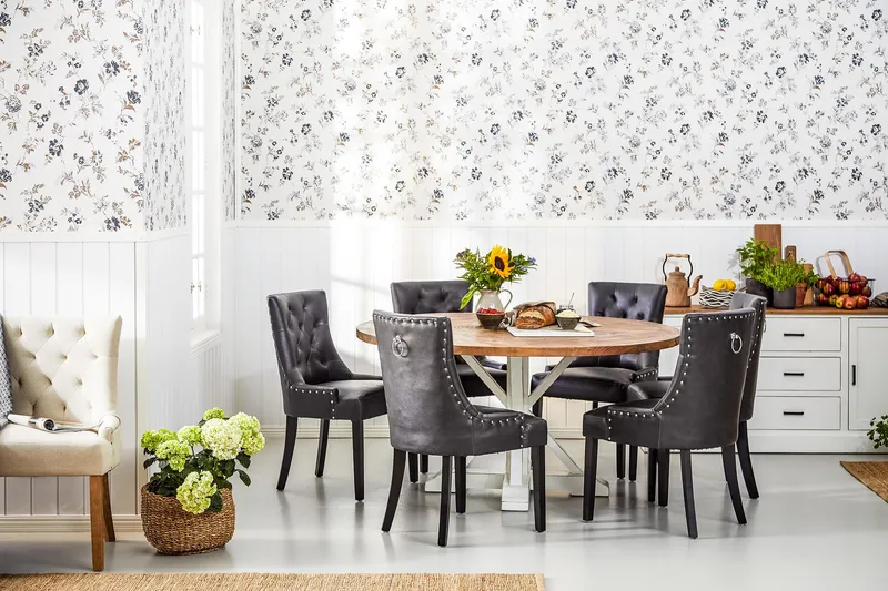 Lyon Matgrupp 150 cm Rund med 6 Tuva Fåtölj - Vintage Alm/Vit/Svart PU - Möbler - Matplats - Matgrupp & matbord med stolar