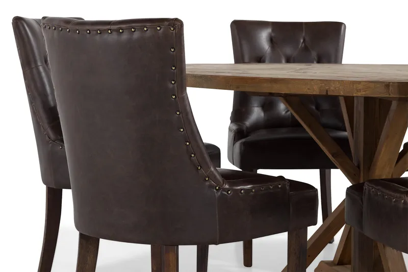 Lyon Matgrupp 150 cm Rund Mörkt trä med 6 Tuva Stolar - Vintage Alm / Brun Pu - Möbler - Matplats - Matgrupp & matbord med stolar