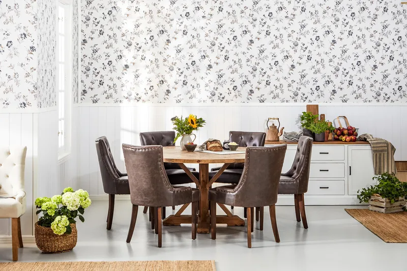 Lyon Matgrupp 150 cm Rund Mörkt trä med 6 Tuva Stolar - Vintage Alm / Brun Pu - Möbler - Matplats - Matgrupp & matbord med stolar