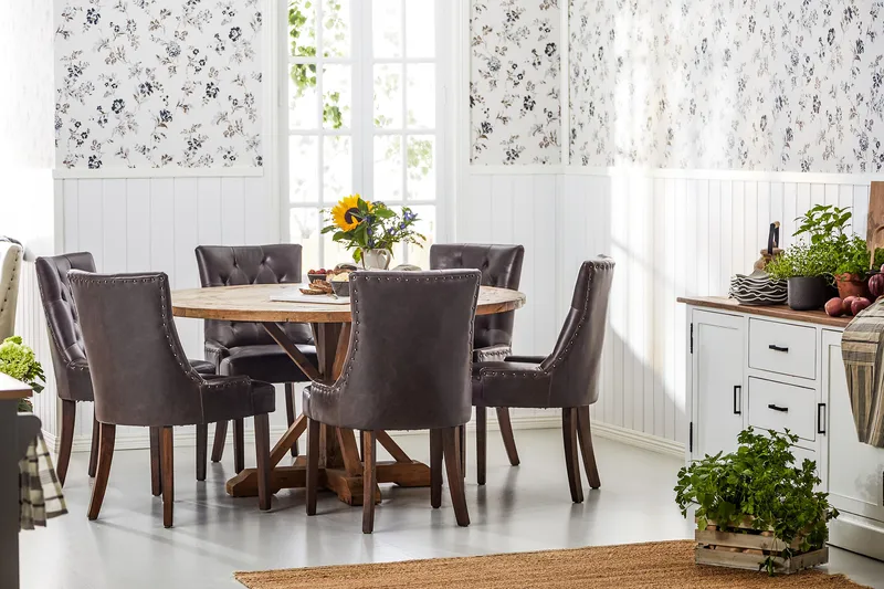 Lyon Matgrupp 150 cm Rund Mörkt trä med 6 Tuva Stolar - Vintage Alm / Brun Pu - Möbler - Matplats - Matgrupp & matbord med stolar