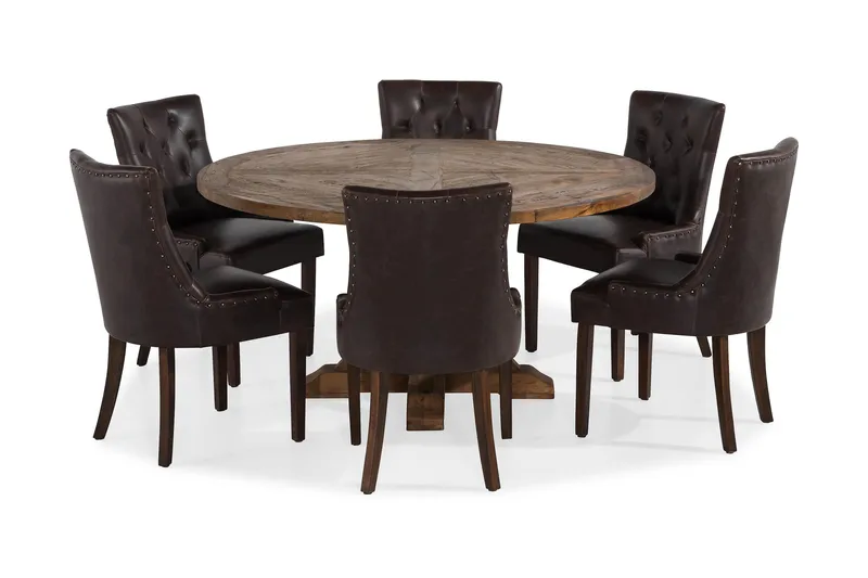 Lyon Matgrupp 150 cm Rund Mörkt trä med 6 Tuva Stolar - Vintage Alm / Brun Pu - Möbler - Matplats - Matgrupp & matbord med stolar