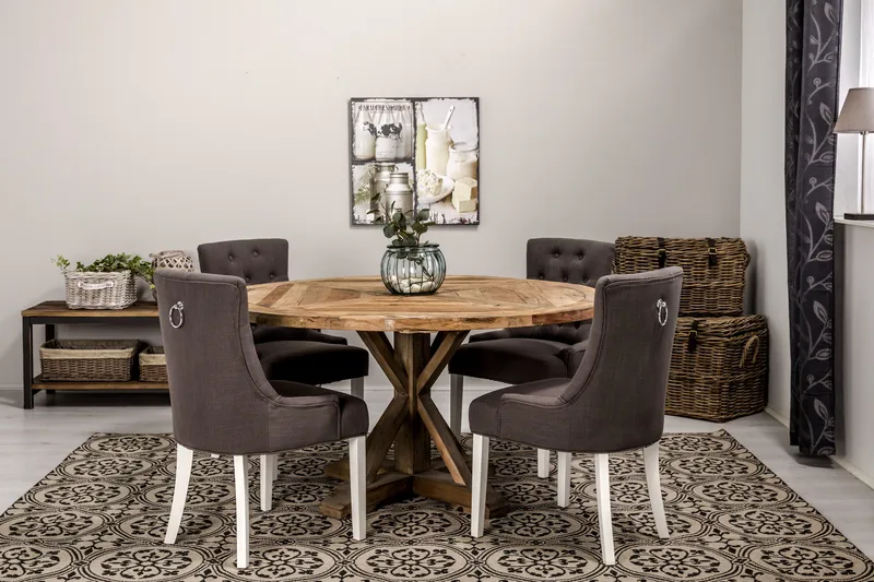 Lyon Matgrupp Ø150 cm Rund med 4 st Viktoria Stolar - Vintage Alm/Grå/Vit - Möbler - Matplats - Matgrupp & matbord med stolar