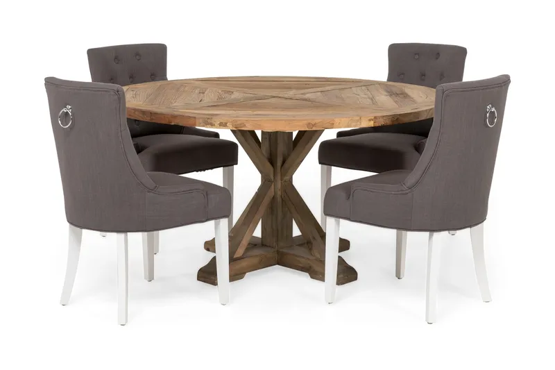 Lyon Matgrupp Ø150 cm Rund med 4 st Viktoria Stolar - Vintage Alm/Grå/Vit - Möbler - Matplats - Matgrupp & matbord med stolar