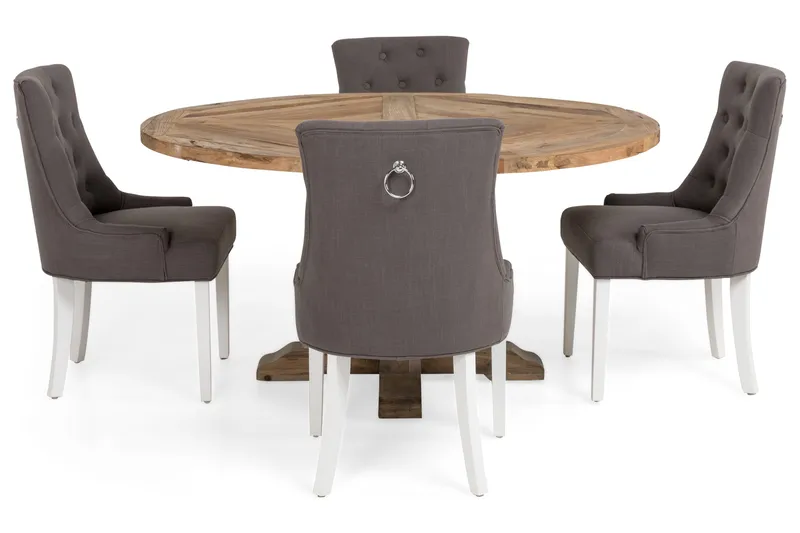 Lyon Matgrupp Ø150 cm Rund med 4 st Viktoria Stolar - Vintage Alm/Grå/Vit - Möbler - Matplats - Matgrupp & matbord med stolar