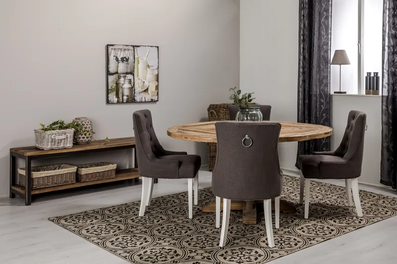 Lyon Matgrupp Ø150 cm Rund med 4 st Viktoria Stolar - Vintage Alm/Grå/Vit - Möbler - Matplats - Matgrupp & matbord med stolar