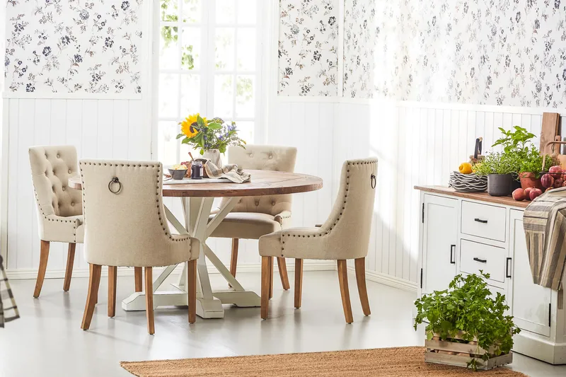 Lyon Matgrupp Ø150 cm Rund med 4 st Viktoria Stolar - Vintage Natur/Vit/Beige - Möbler - Matplats - Matgrupp & matbord med stolar