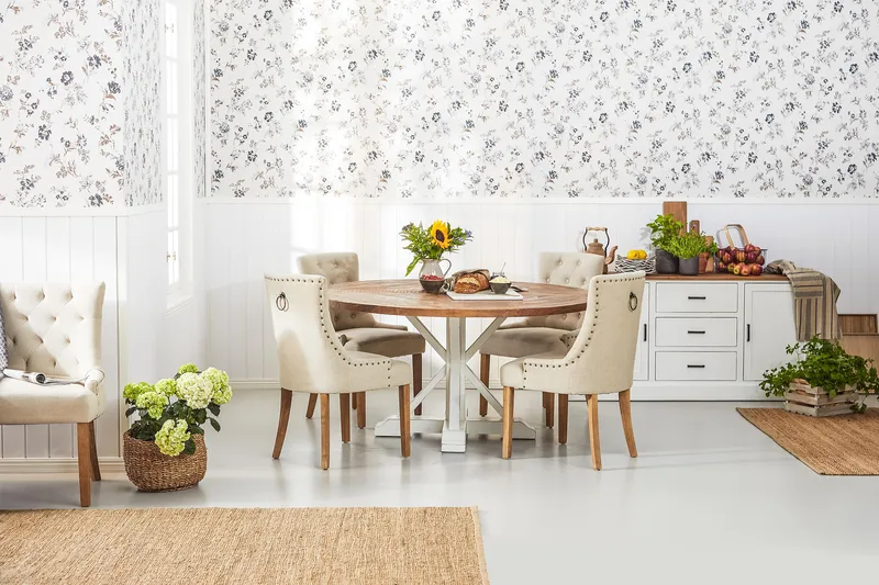 Lyon Matgrupp Ø150 cm Rund med 4 st Viktoria Stolar - Vintage Natur/Vit/Beige - Möbler - Matplats - Matgrupp & matbord med stolar