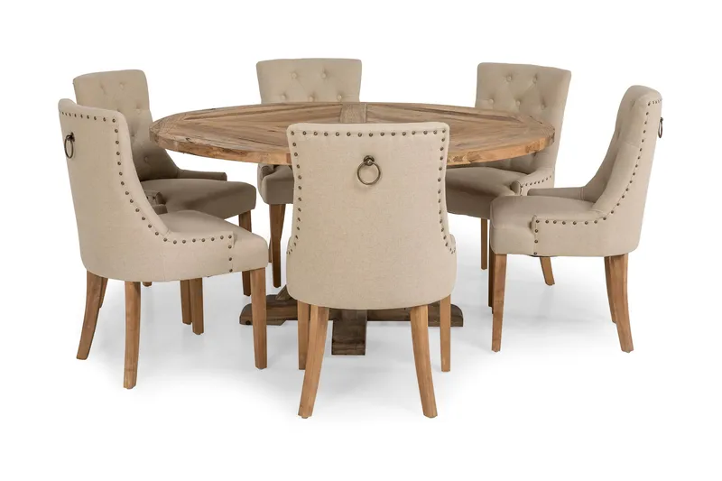Lyon Matgrupp Ø150 cm Rund med 6 st Viktoria Stolar - Vintage Alm/Beige - Möbler - Matplats - Matgrupp & matbord med stolar