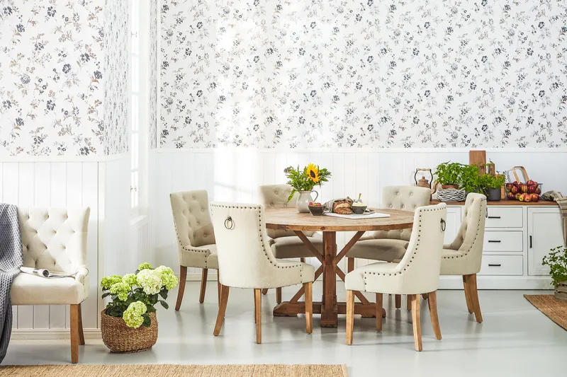 Lyon Matgrupp Ø150 cm Rund med 6 st Viktoria Stolar - Vintage Alm/Beige - Möbler - Matplats - Matgrupp & matbord med stolar