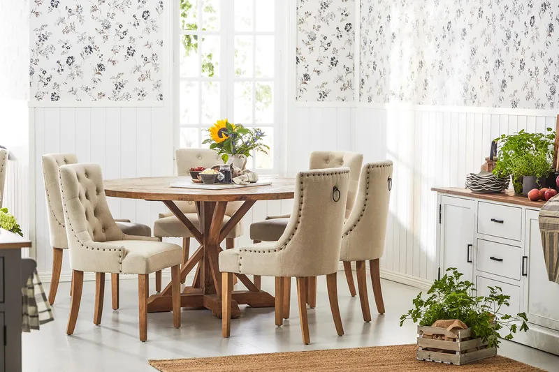 Lyon Matgrupp Ø150 cm Rund med 6 st Viktoria Stolar - Vintage Alm/Beige - Möbler - Matplats - Matgrupp & matbord med stolar