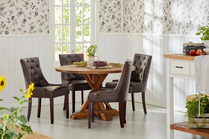 Lyon Matgrupp Rund med 4 st Tuva Fåtölj Konstläder - Trä/Mörkbrun - Möbler - Matplats - Matgrupp & matbord med stolar