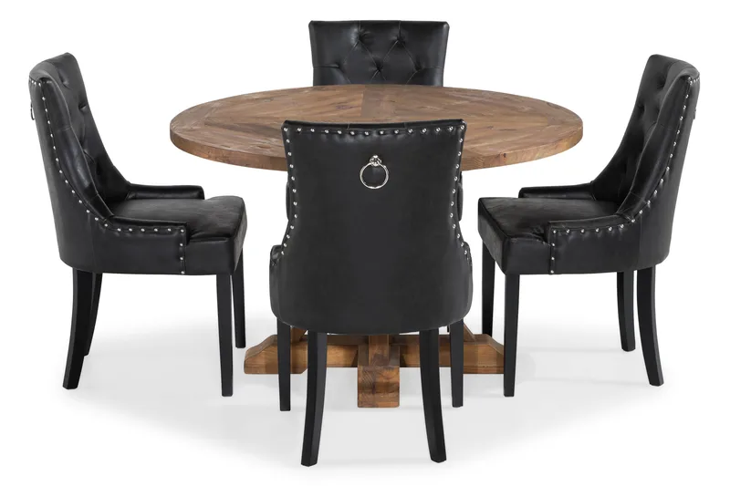 Lyon Matgrupp Rund med 4 st Tuva Fåtölj Konstläder - Trä/Svart PU - Möbler - Matplats - Matgrupp & matbord med stolar