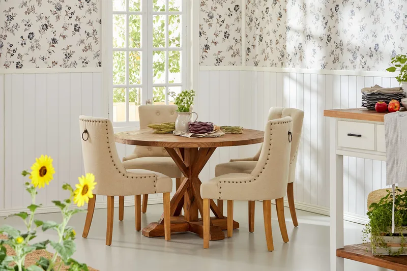 Lyon Matgrupp Rund med 4 st Viktoria Fåtölj - Trä / Beige - Möbler - Matplats - Matgrupp & matbord med stolar