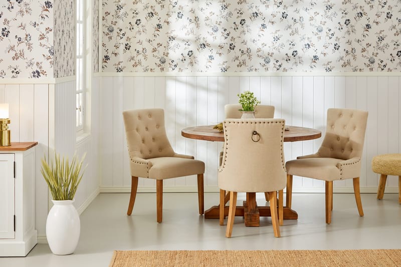 Lyon Matgrupp Rund med 4 st Viktoria Fåtölj - Trä / Beige - Möbler - Matplats - Matgrupp & matbord med stolar