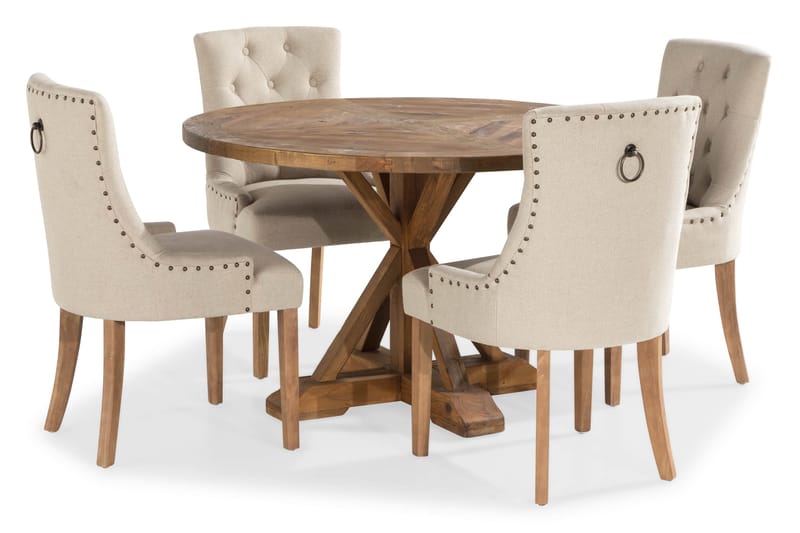 Lyon Matgrupp Rund med 4 st Viktoria Fåtölj - Trä / Beige - Möbler - Matplats - Matgrupp & matbord med stolar