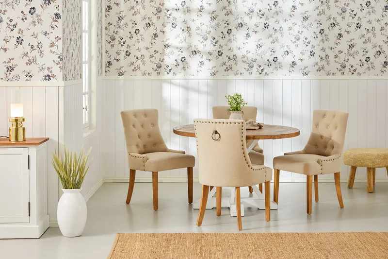 Lyon Matgrupp Rund med 4 st Viktoria Fåtölj - Trä/Vit/Beige - Möbler - Matplats - Matgrupp & matbord med stolar