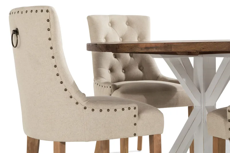 Lyon Matgrupp Rund med 4 st Viktoria Fåtölj - Trä/Vit/Beige - Möbler - Matplats - Matgrupp & matbord med stolar