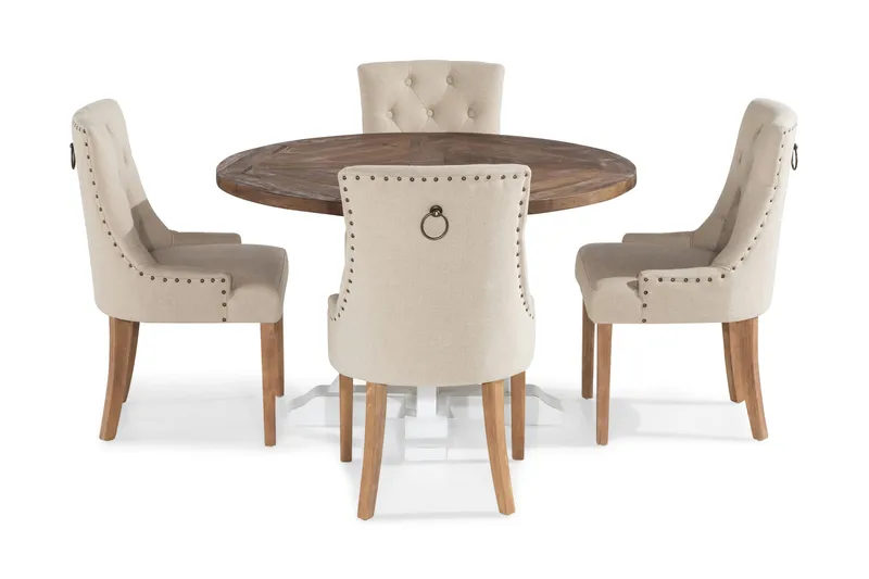 Lyon Matgrupp Rund med 4 st Viktoria Fåtölj - Trä/Vit/Beige - Möbler - Matplats - Matgrupp & matbord med stolar
