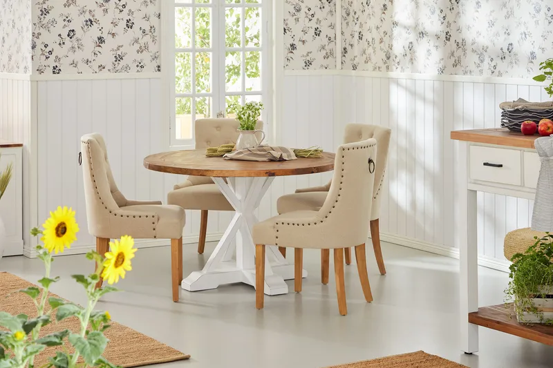 Lyon Matgrupp Rund med 4 st Viktoria Fåtölj - Trä/Vit/Beige - Möbler - Matplats - Matgrupp & matbord med stolar