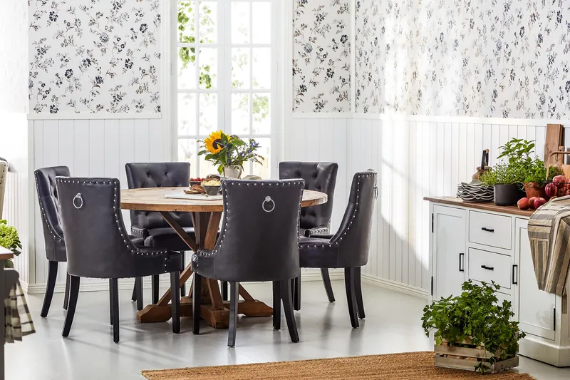 Lyon Rund Matgrupp 150 cm med 6 Tuva Stolar - Brun Vintage Alm / Svart Pu - Möbler - Matplats - Matgrupp & matbord med stolar