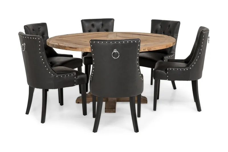 Lyon Rund Matgrupp 150 cm med 6 Tuva Stolar - Brun Vintage Alm / Svart Pu - Möbler - Matplats - Matgrupp & matbord med stolar