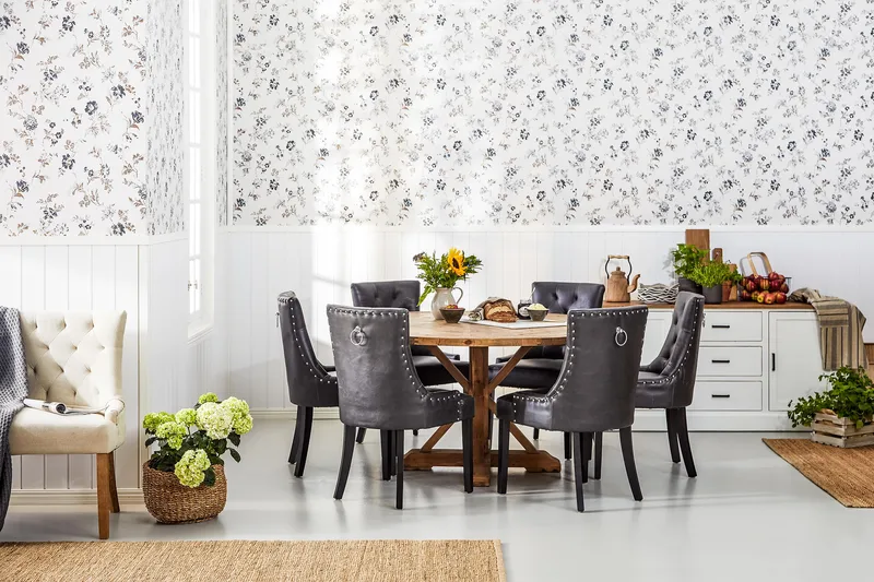 Lyon Rund Matgrupp 150 cm med 6 Tuva Stolar - Brun Vintage Alm / Svart Pu - Möbler - Matplats - Matgrupp & matbord med stolar