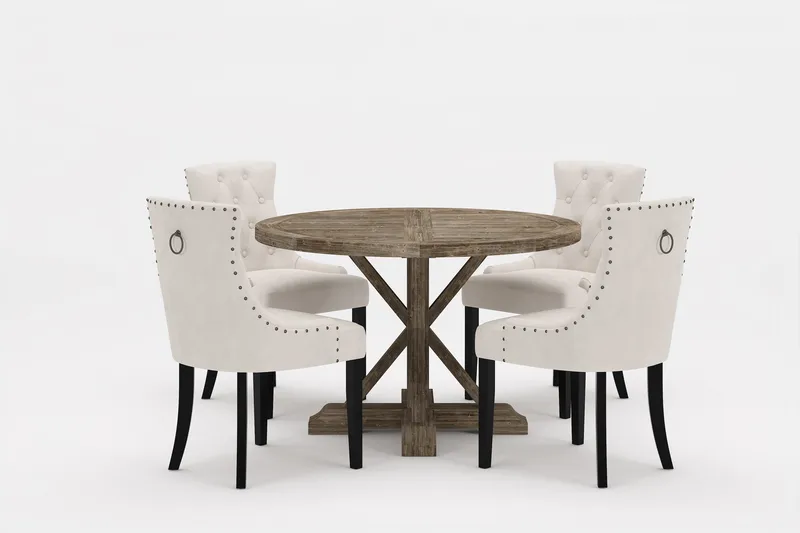 Lyon Premium Matgrupp Rund 120 cm + 4 st Viktoria Matstolar, Vit/Brun