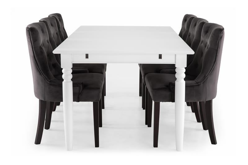 MACKAY Matbord 190 Vit + 6 COLFAX Fåtölj Sammet Grå/Mörkbrun - Matgrupp & matbord med stolar