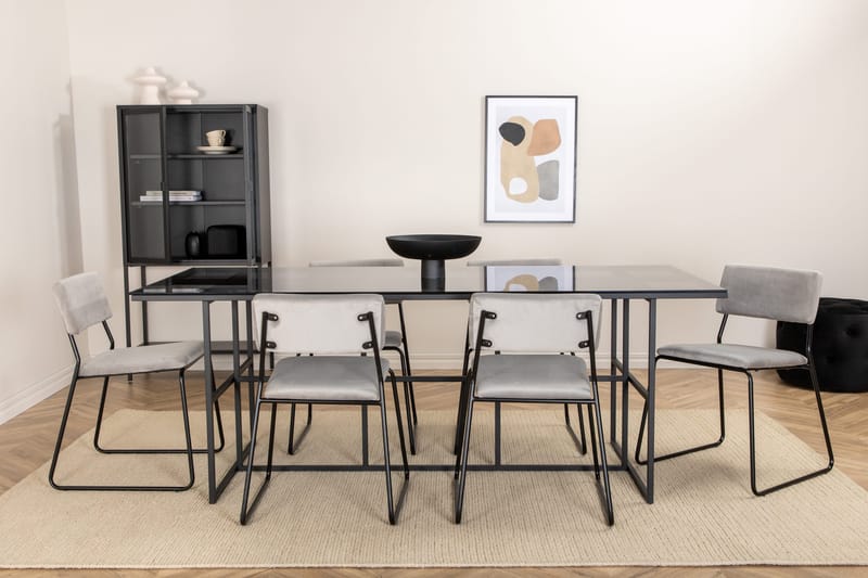 Matgrupp Leria 200 cm inkl 6 Kenth Sammetsstolar, Glas/Svart/Ljusgrå