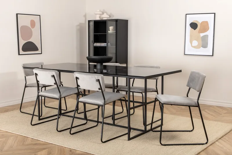 Matgrupp Leria 200 cm inkl 6 Kenth Sammetsstolar - Glas/Svart/Ljusgrå - Möbler - Matplats - Matgrupp & matbord med stolar