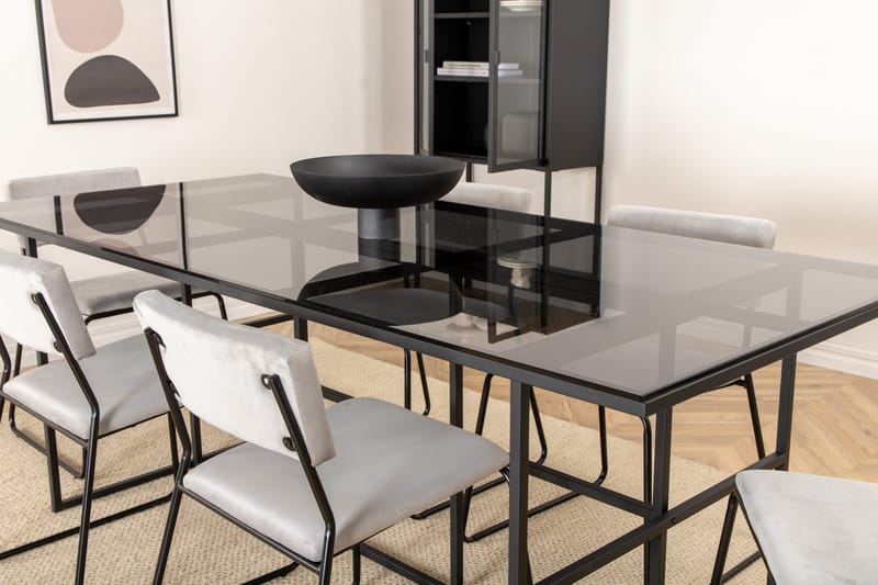 Matgrupp Leria 200 cm inkl 6 Kenth Sammetsstolar - Glas/Svart/Ljusgrå - Möbler - Matplats - Matgrupp & matbord med stolar