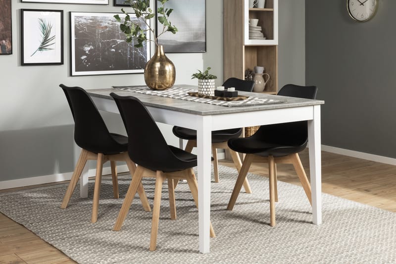 MORGAN Matbord 140 Ljusgrå/Vit + 4 SANNA Stol Svart/Ek - Matgrupp & matbord med stolar