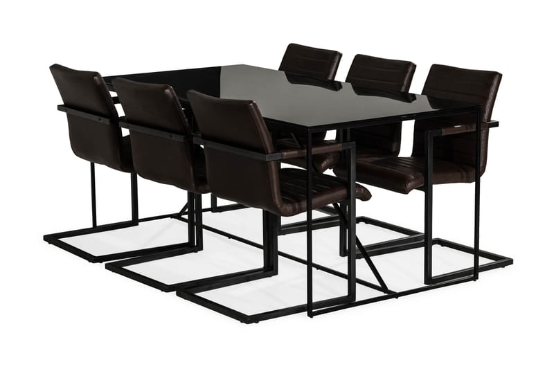 NIJOU Matbord + 6 HENRY Stol Mörkbrun PU Glas/Metall - Matgrupp & matbord med stolar