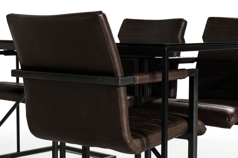NIJOU Matbord + 6 HENRY Stol Mörkbrun PU Glas/Metall - Matgrupp & matbord med stolar
