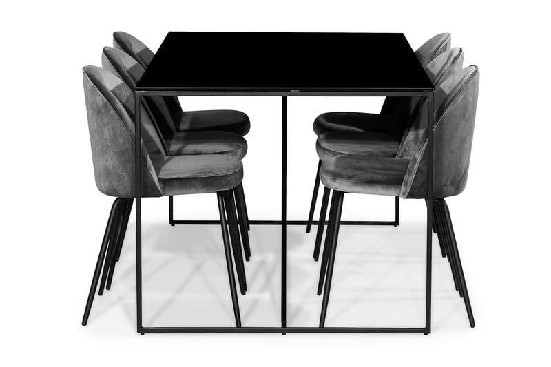 NIJOU Matbord + 6 SANDRO Stol Sammet Grå/Svart/Glas/Metall - Matgrupp & matbord med stolar
