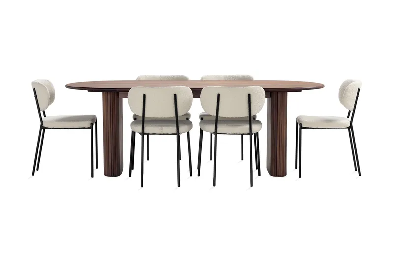 Noira Matbord 220 cm Massiv Valnöt med 6st Gemmiano Matstol - Brun / Teddy / Trä - Möbler - Matplats - Matgrupp & matbord med stolar