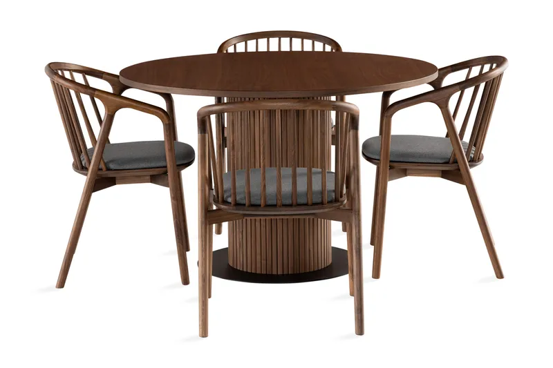 Noira Matgrupp 120 cm Runt Matbord med 4 Noira Stolar - Valnöt - Möbler - Matplats - Matgrupp & matbord med stolar