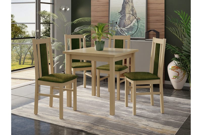 Patrickswell Kvadratisk Matgrupp 80x80 cm – Matbord med 4 Matstolar med Klädd Rygg i Trä - Natur|Olivgrön - Möbler - Matplats - Matgrupp & matbord med stolar