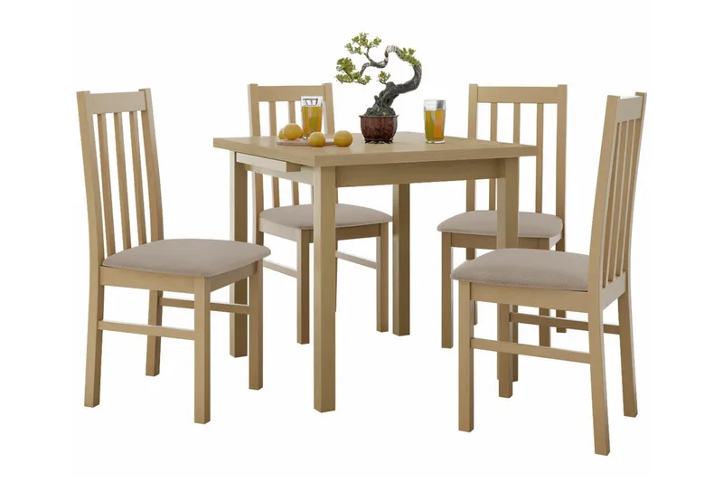 Patrickswell Kvadratisk Utdragbar Matgrupp 80–110 cm – Matbord med 4 Matstolar med Hög Spjälrygg i Trä, Natur|Beige