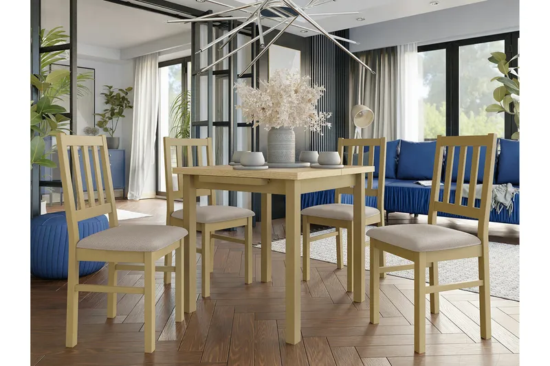 Patrickswell Kvadratisk Utdragbar Matgrupp 80–110 cm – Matbord med 4 Matstolar med Spjälrygg i Trä - Natur|Beige - Möbler - Matplats - Matgrupp & matbord med stolar