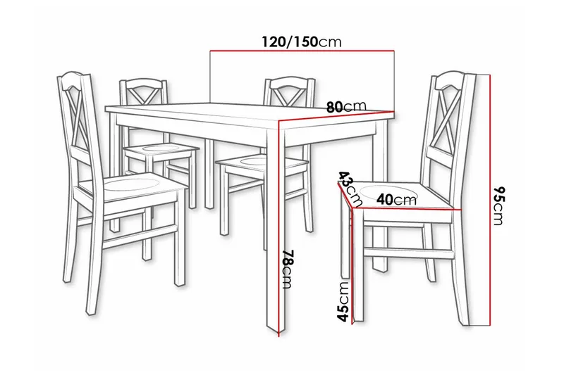 Patrickswell Rektangulär Utdragbar Matgrupp 120–150 cm – Matbord med Ekutseende och 4 Matstolar med Kryssrygg i Trä - Svart|Ljusbrun - Möbler - Matplats - Matgrupp & matbord med stolar