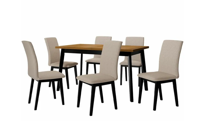 Patrickswell Rektangulär Utdragbar Matgrupp 140–180 cm – Matbord med Ekutseende och 6 Klädda Matstolar med Raka Ben, Svart|Beige|Brun