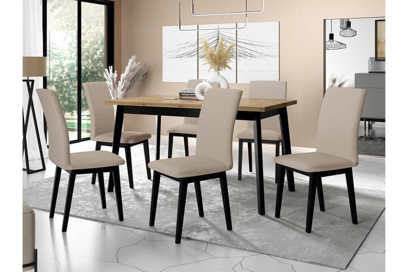 Patrickswell Rektangulär Utdragbar Matgrupp 140–180 cm – Matbord med Ekutseende och 6 Klädda Matstolar med Raka Ben - Svart|Beige|Natur - Möbler - Matplats - Matgrupp & matbord med stolar