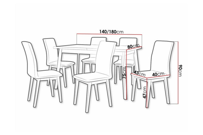 Patrickswell Rektangulär Utdragbar Matgrupp 140–180 cm – Matbord med Ekutseende och 6 Klädda Matstolar med Raka Ben - Svart|Brun - Möbler - Matplats - Matgrupp & matbord med stolar