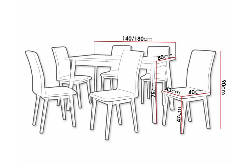 Patrickswell Rektangulär Utdragbar Matgrupp 140–180 cm – Matbord med Ekutseende och 6 Klädda Matstolar med Raka Ben - Svart|Brun|Natur - Möbler - Matplats - Matgrupp & matbord med stolar