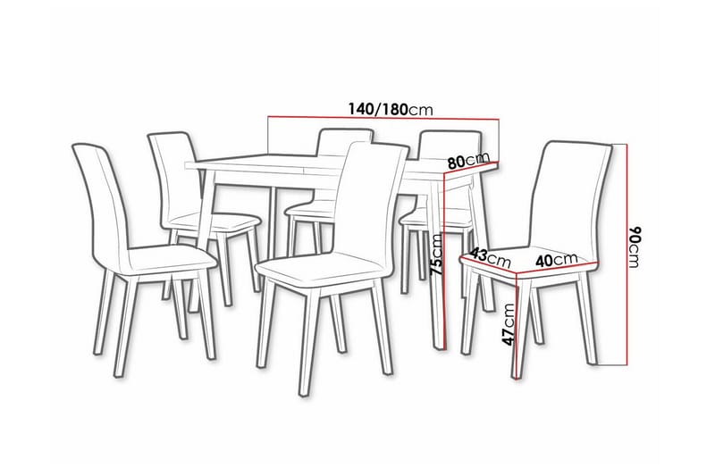 Patrickswell Rektangulär Utdragbar Matgrupp 140–180 cm – Matbord med Ekutseende och 6 Klädda Matstolar med Raka Ben - Svart|Grå|Natur - Möbler - Matplats - Matgrupp & matbord med stolar