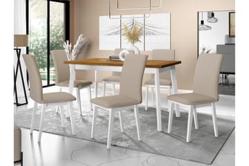 Patrickswell Rektangulär Utdragbar Matgrupp 140–180 cm – Matbord med Ekutseende och 6 Klädda Matstolar med Raka Ben - Vit|Beige|Brun - Möbler - Matplats - Matgrupp & matbord med stolar