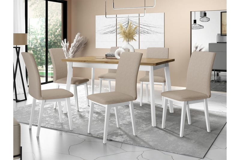 Patrickswell Rektangulär Utdragbar Matgrupp 140–180 cm – Matbord med Ekutseende och 6 Klädda Matstolar med Raka Ben - Vit|Beige|Natur - Möbler - Matplats - Matgrupp & matbord med stolar